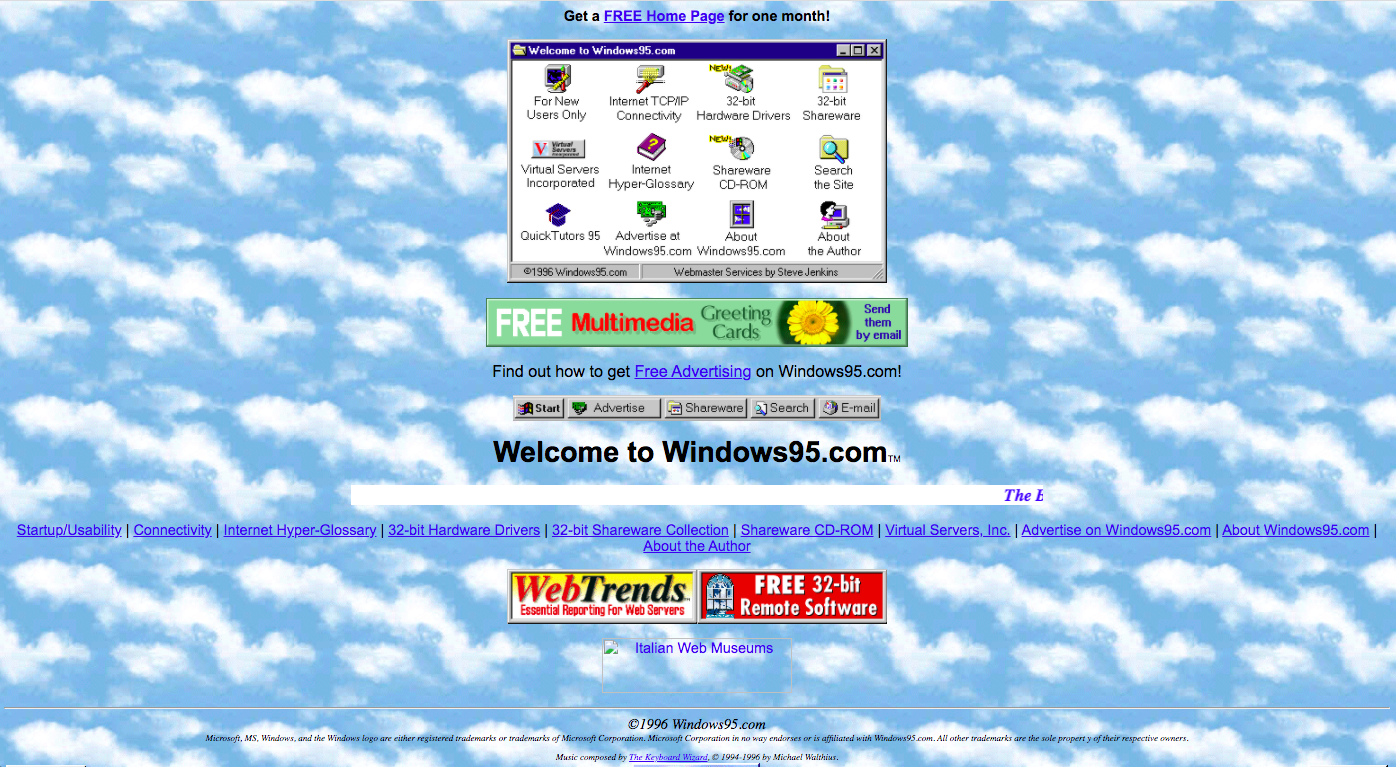 Welcome screen to Windows95. Light-blue background with white clouds, and many web-banners and advertisements.